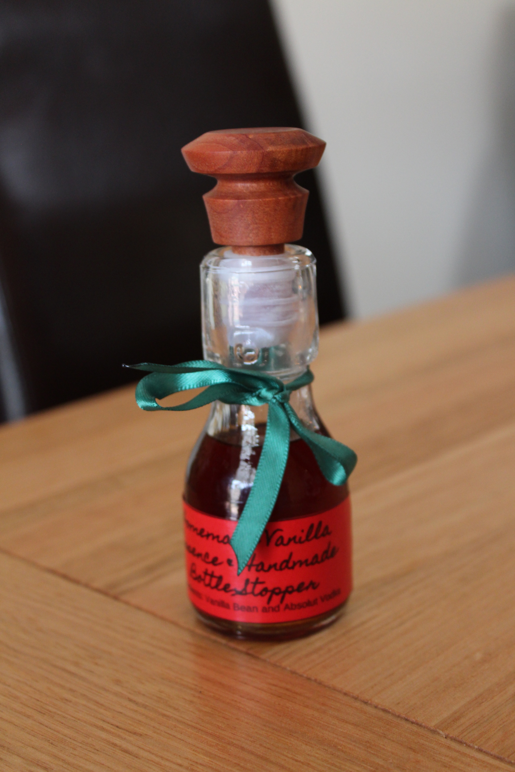 Our finished home made Christmas vanilla essence with turned stopper.